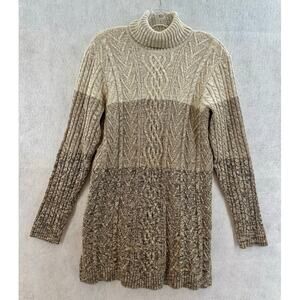 Jean Pierre Size Large Sweater Cable Knit Turtle Neck Long Line Cream Brown